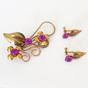 Vintage copper rose gold tone purple rhinestone brooch and earring set